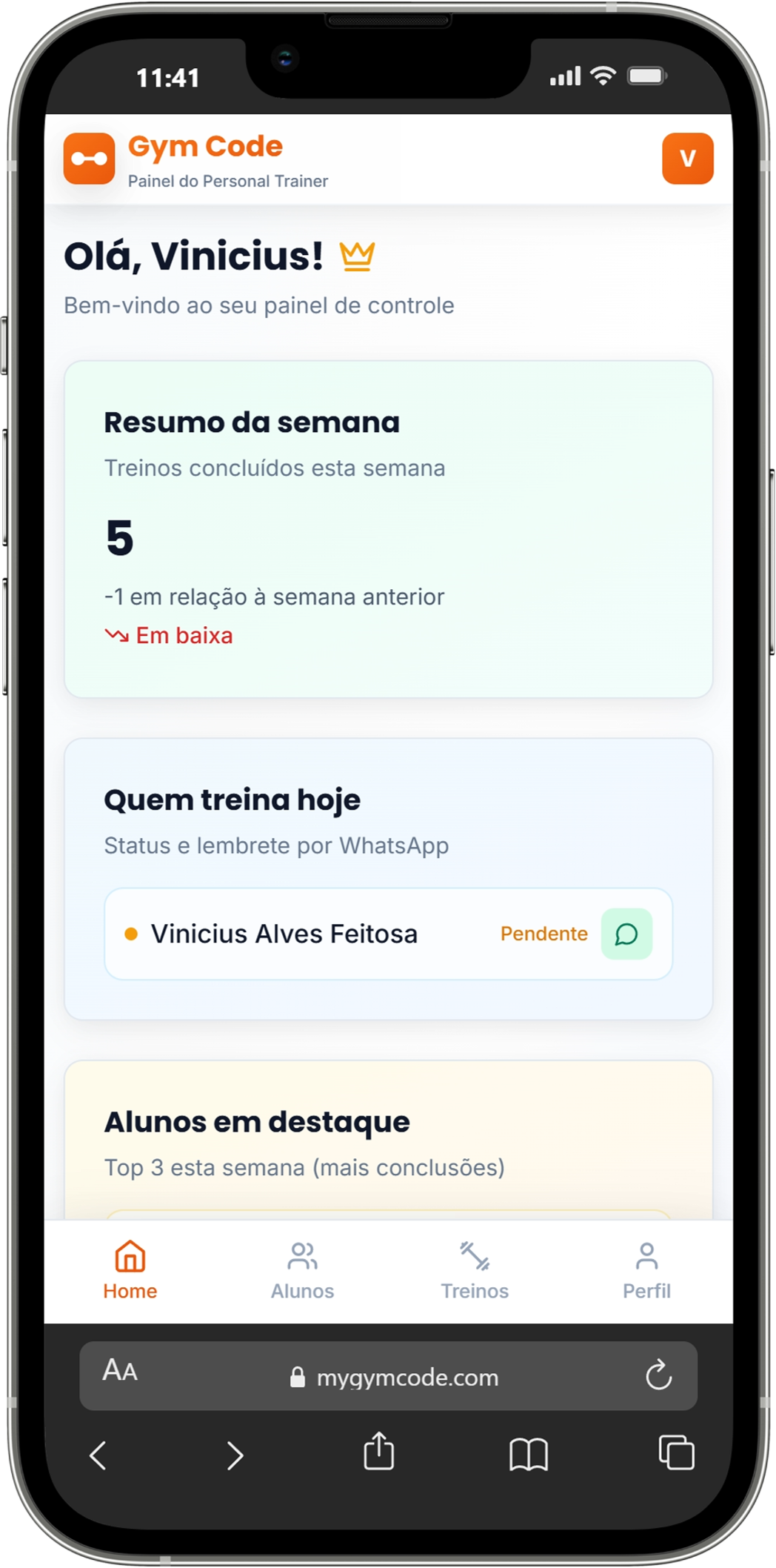Preview do painel Gym Code no iPhone